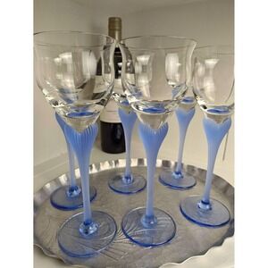 Set of 6 Vintage Mikasa Sea Mist Sapphire Wine Glasses Blue Ribbed Stem